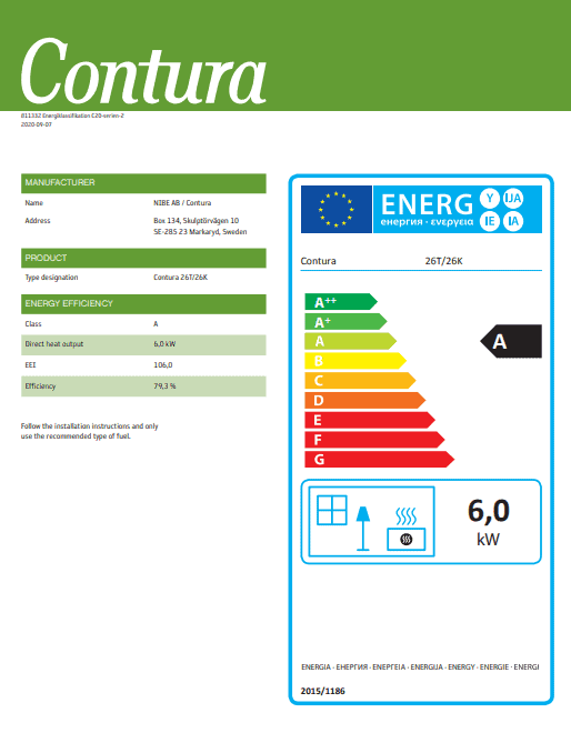 Energiamerkintä kertoo tulisijan ympäristövaikutuksista. Lähde: Contura